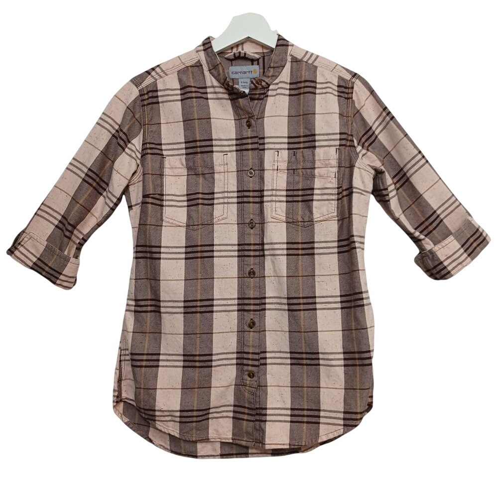 Carhartt Womens Pink Plaid 3/4 Sleeve Band Collar Button Down Shirt Small 4/6‎